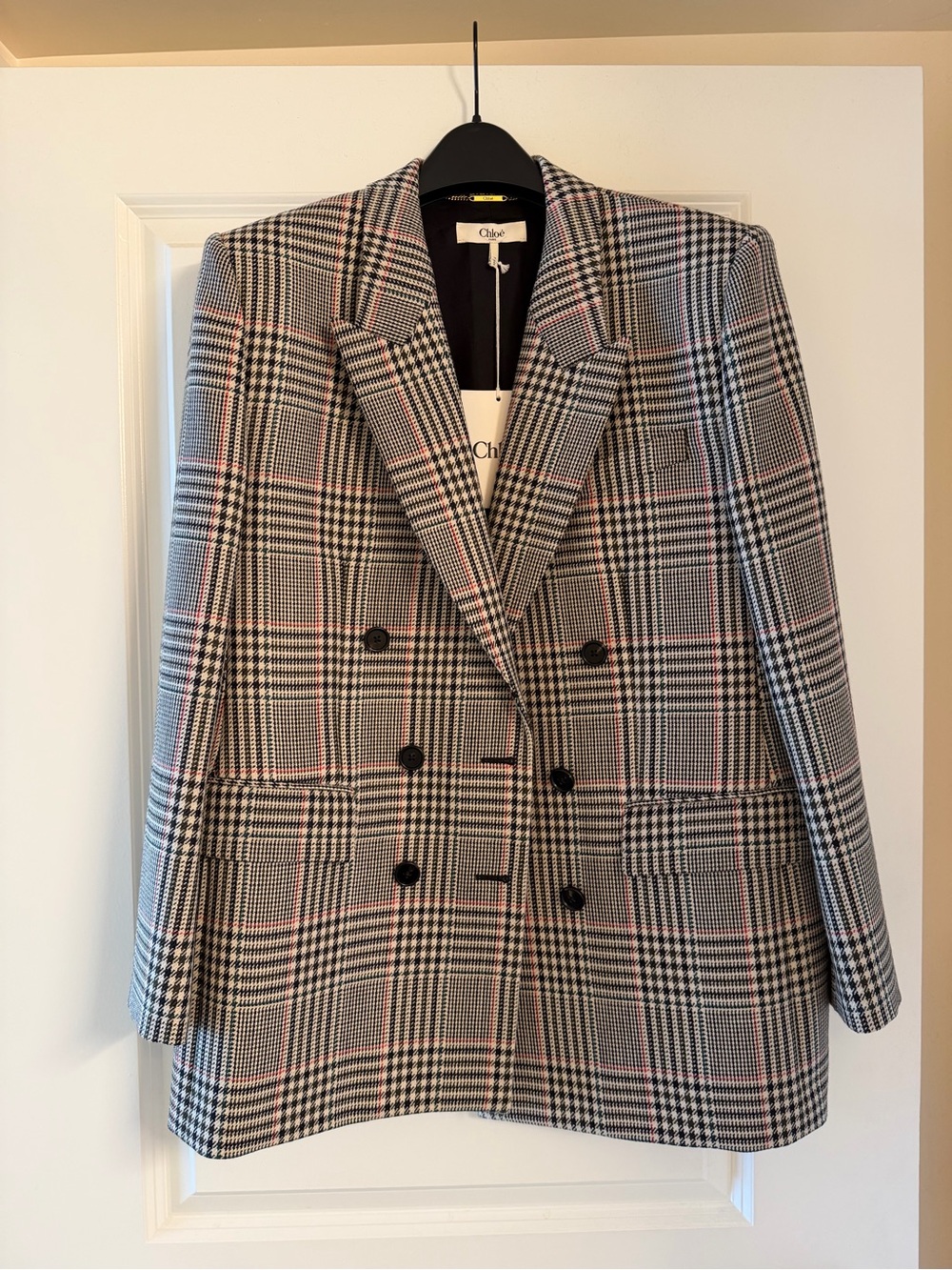 Chloé Double-Breasted Glen Plaid Blazer with Pink Windowpane